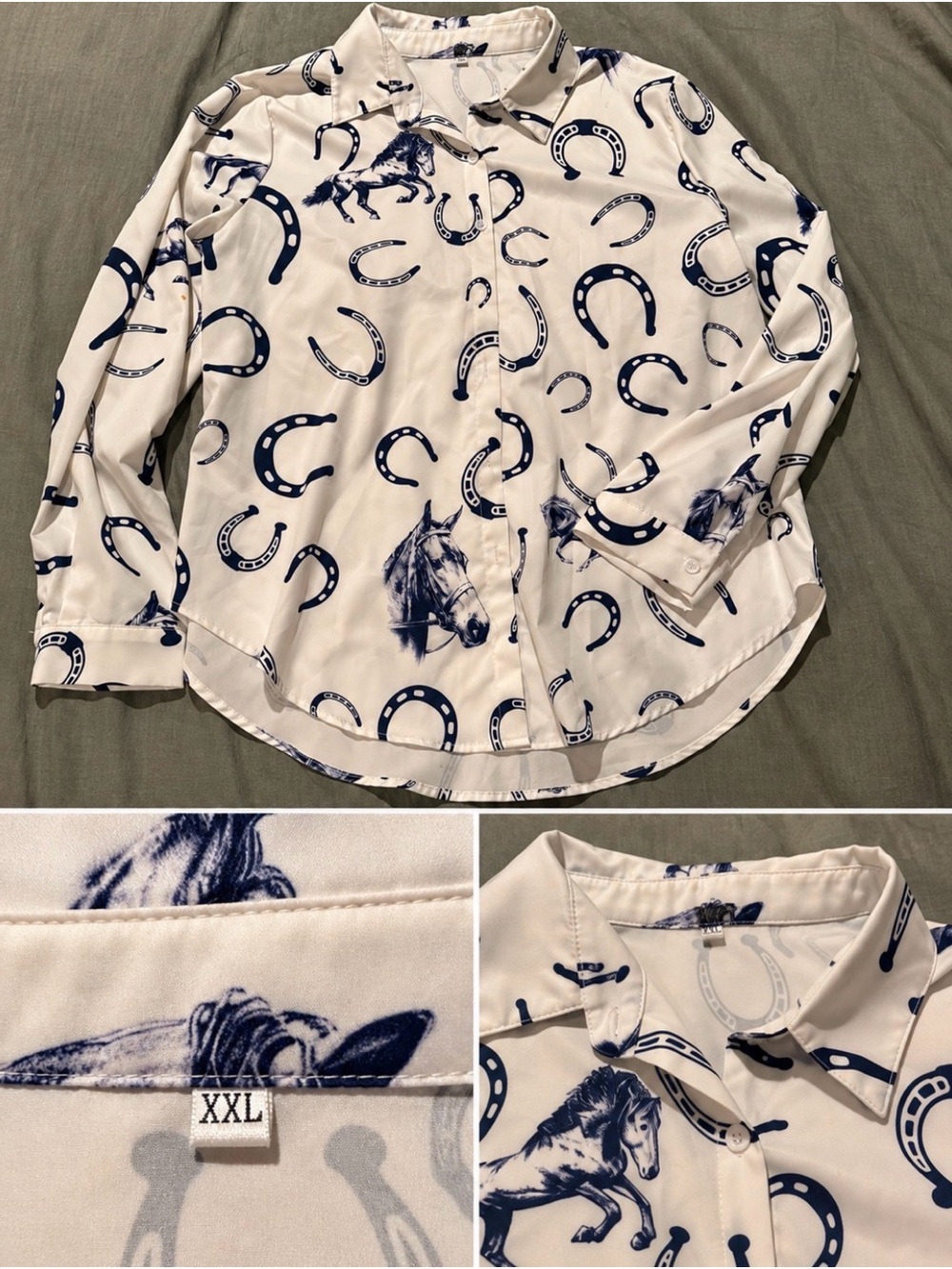 Women's White Button-Down Shirt with Navy Horse & Horseshoe Print